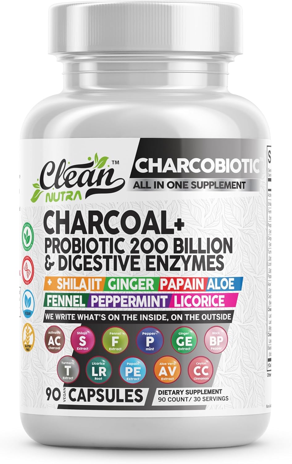 Clean Nutra Activated Charcoal Capsules Shilajit 5000mg Pills Probiotic 200 Billion + Digestive Enzymes for Digestive Health with Peppermint Fennel Licorice Papain Ginger Turmeric | Gut Health