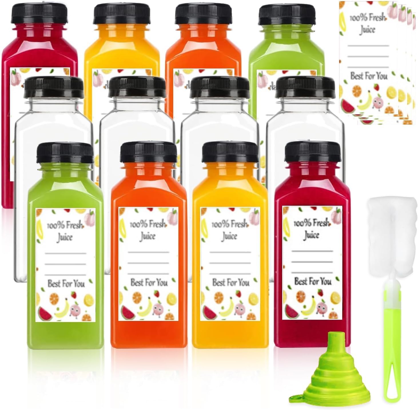 Leaflai Juice Bottles 12 Pack - 12oz Shot Bottles with Lids, Plastic Reusable Empty Bottle for Juice Milk Smoothie Drinking Fruit Stickers