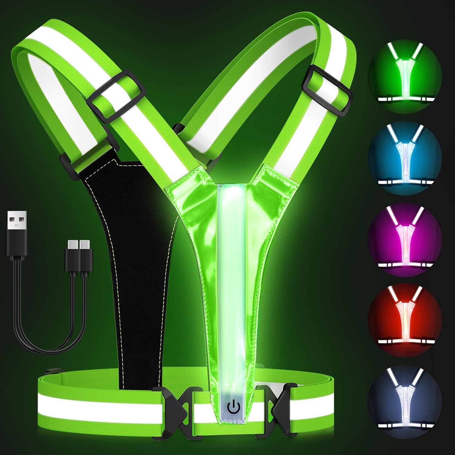 Zacro LED Reflective Vest Running Gear, 5 Lights Colors High Visibility Reflective Running Gear Rechargeable Light Up Running Vest for Walking Running Cycling, Adjustable for Men Women Kids