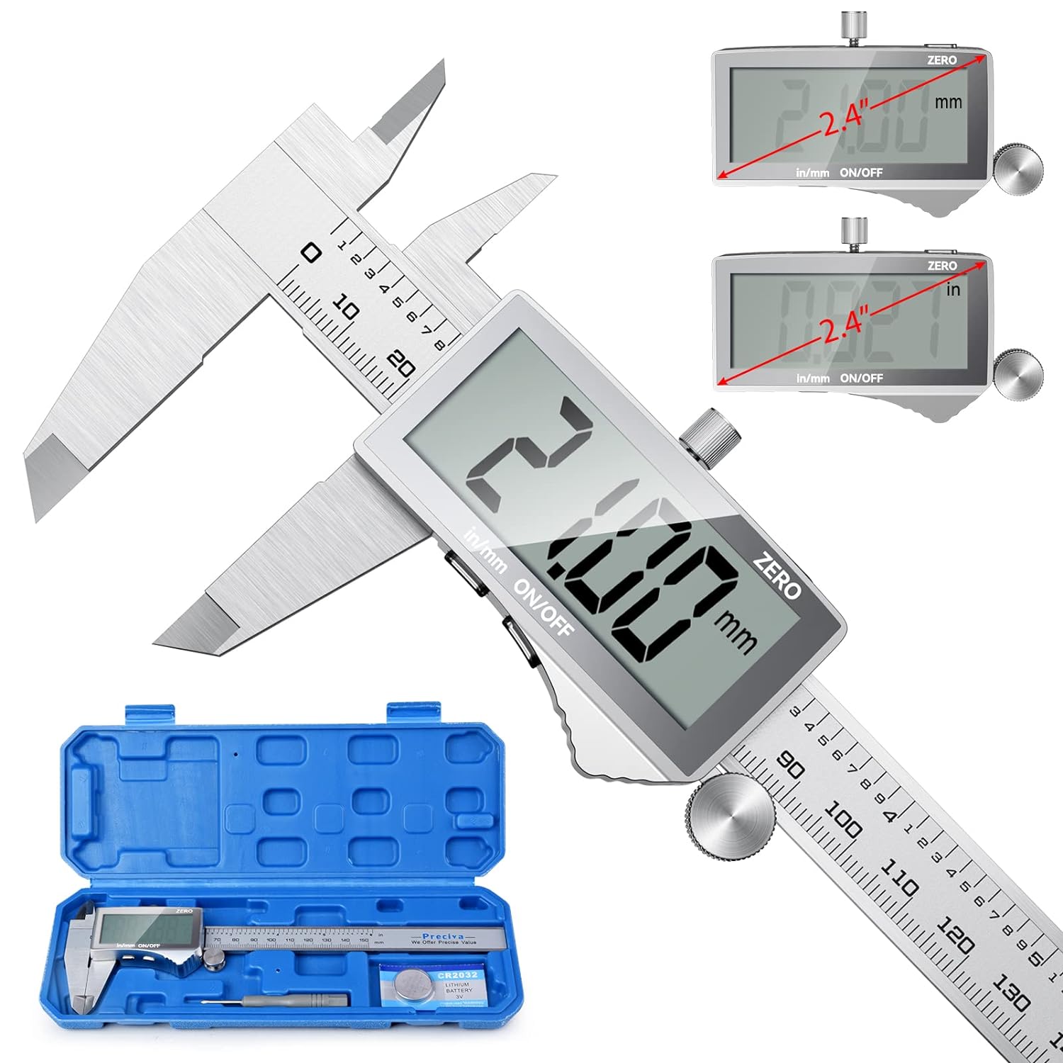 Digital Vernier Caliper, Preciva Electronic Calipers 150mm with Extraordinary LCD Screen, Precision Tool Micrometer Stainless Steel with Mm/Inch Conversion, Splash Resistant
