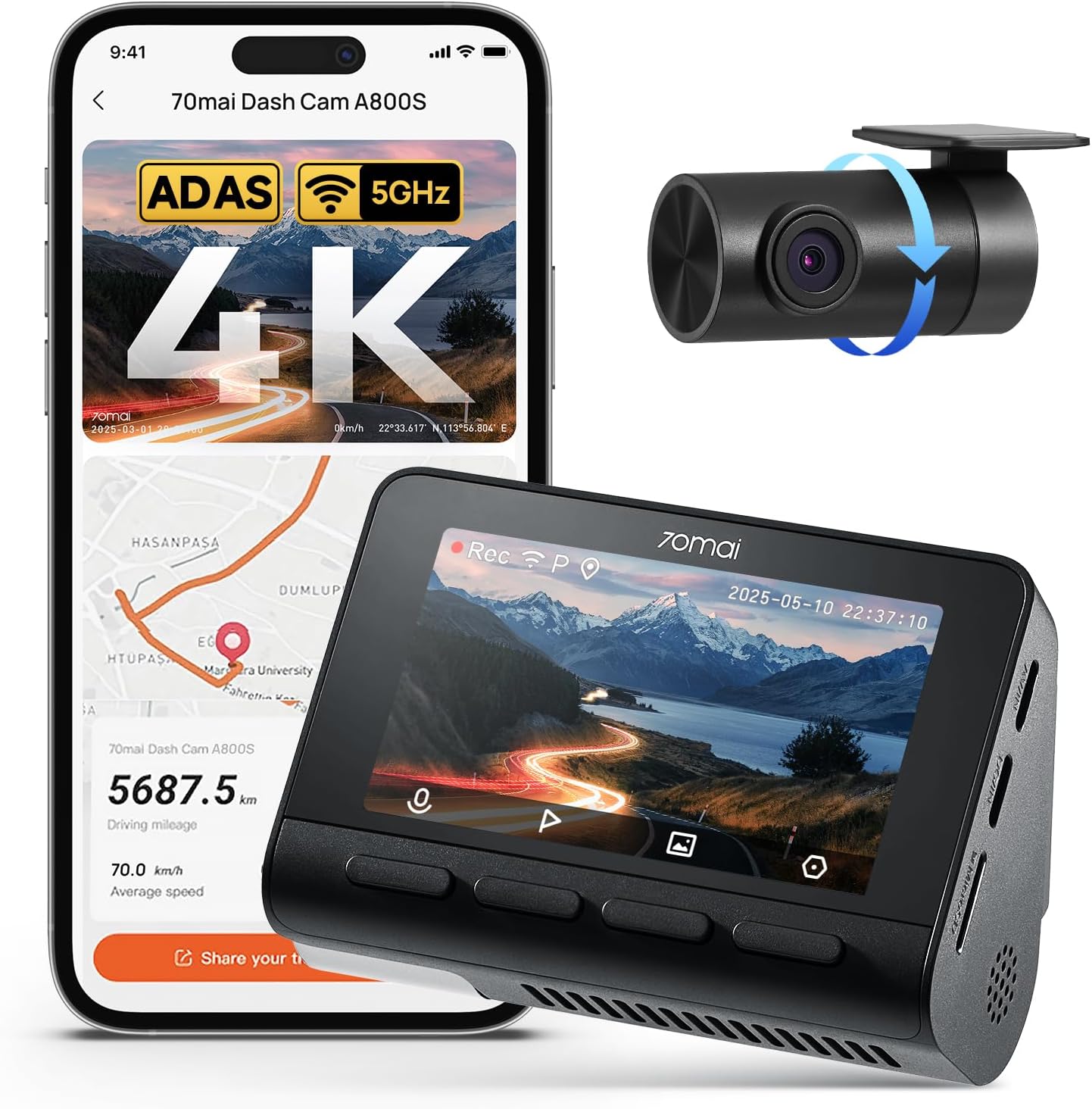 70mai 4K Dash Cam Front and Rear with STARVIS, Dashcam with 5GHz WiFi, GPS Car Camera, Super Night Vision, ADAS, 3'' IPS Screen, 24H Parking Mode, Time-Lapse, Loop Recording, Support 256GB Max (A800S)