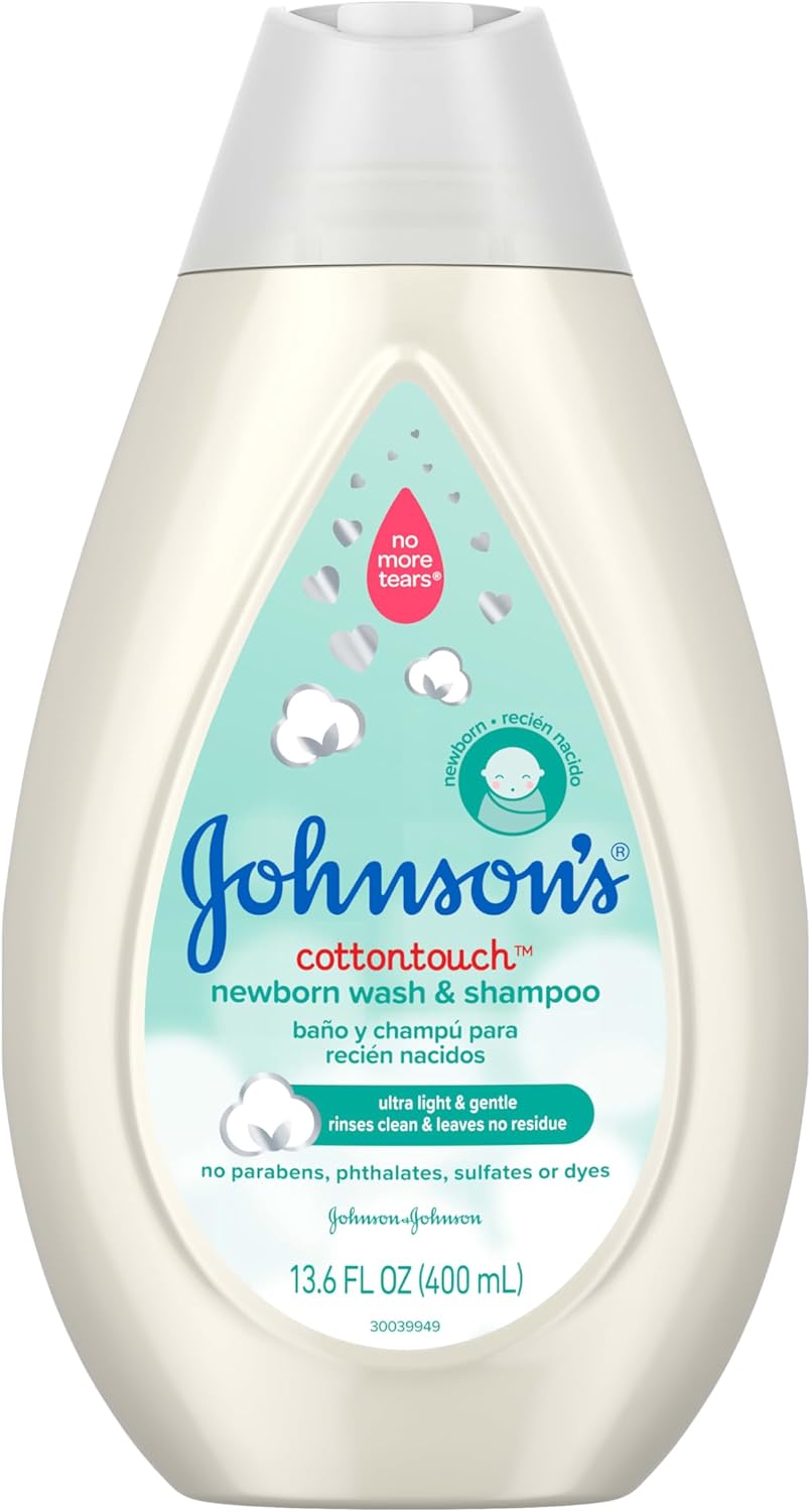 Johnson's CottonTouch Newborn Baby Body Wash & Shampoo, Gentle & Tear-Free, Made with Real Cotton, Gently Washes Away Dirt & Germs, Sulfate- & Paraben-Free for Sensitive Skin, 13.6 fl. oz
