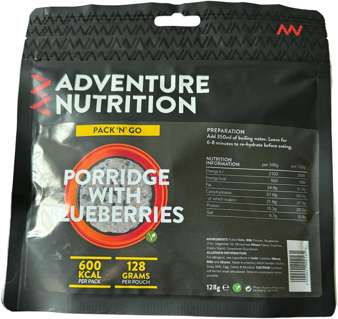 Adventure Nutrition Pack N Go Freeze-Dried Lightweight Food, 600 Kcal, for Adventurers, Hikers, Campers, Emergency Services, Mountaineers (1, Porridge with Blueberrys)