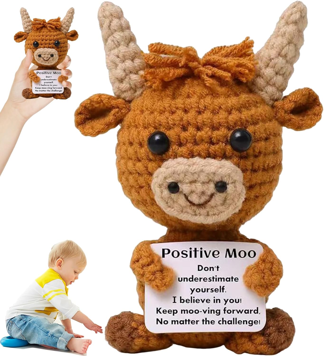 DXPETA Jelly Cat, Highland Cow Teddy, Highland Cow Gifts, Highland Cow, With Positive Card - Creative Cute Crochet Doll Emotional Support Cheer Up Keepsake Gift For Friends, Women, Student, Christmas