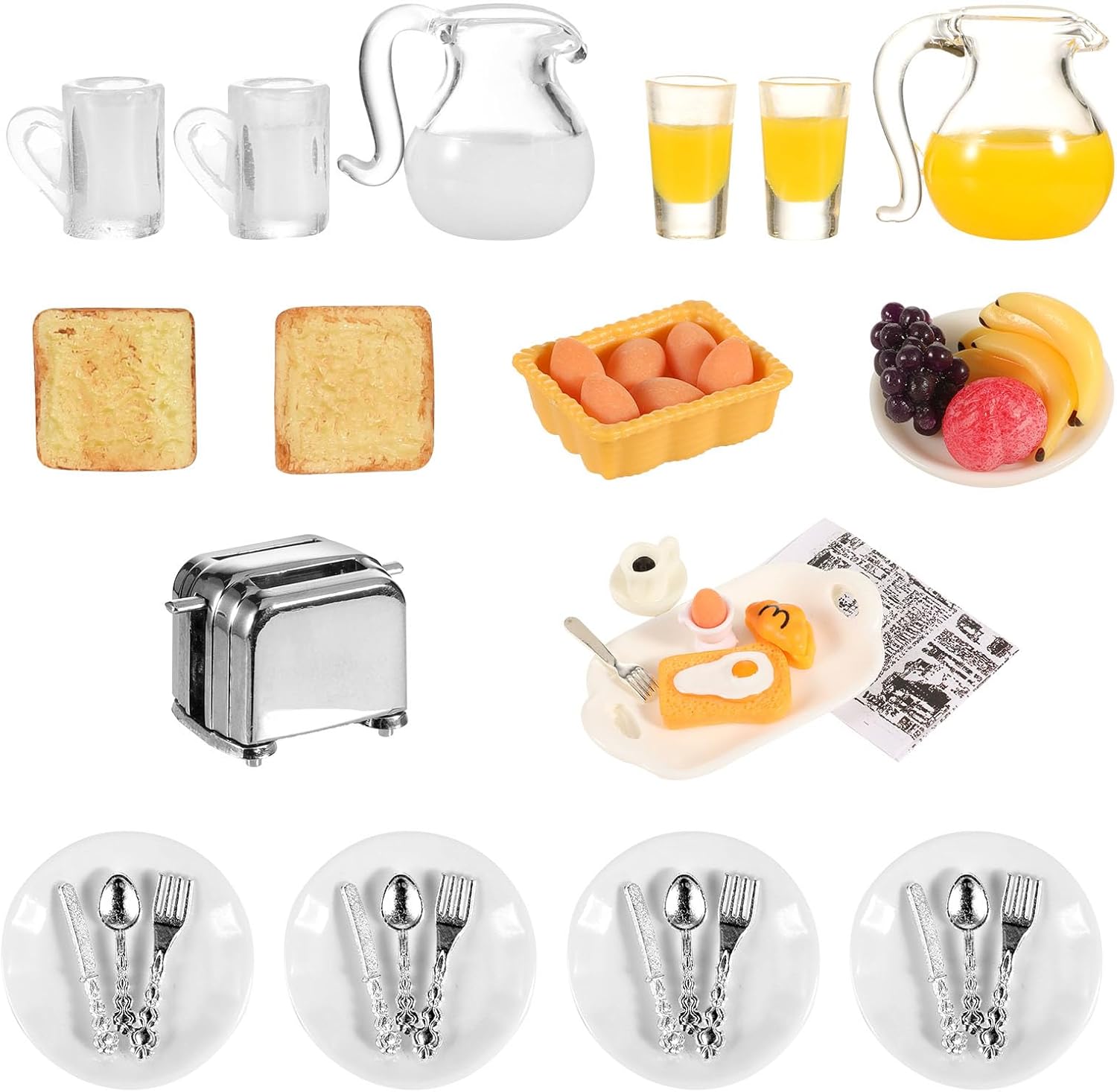simarro Miniature Dollhouse Breakfast Accessories, 46 Pcs 1:12 Scale Mini Toast Machine Bread Milk Eggs Cups Fruits Plates Fork Spoons Drink for Dollhouse Kitchen Scene and Cake Topper Decor