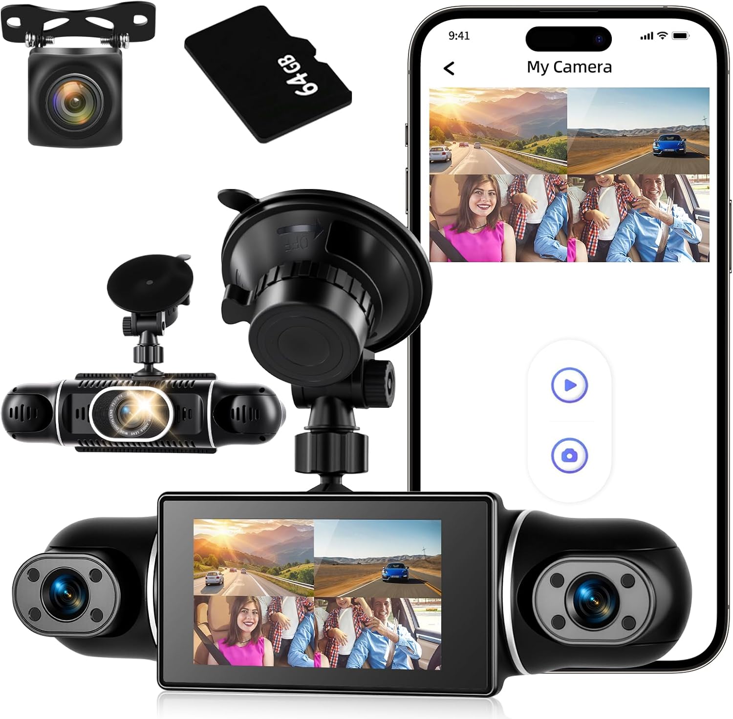 360°View 4 Channel Dash Cam, 2K+1080P Front and Rear Inside Left Right, NHOPEEW 3 inch IPS Screen Dash Camera for Cars, WiFi/APP Control, Night Vision, 24H Parking Mode, 64GB TF Card, Loop Recordin