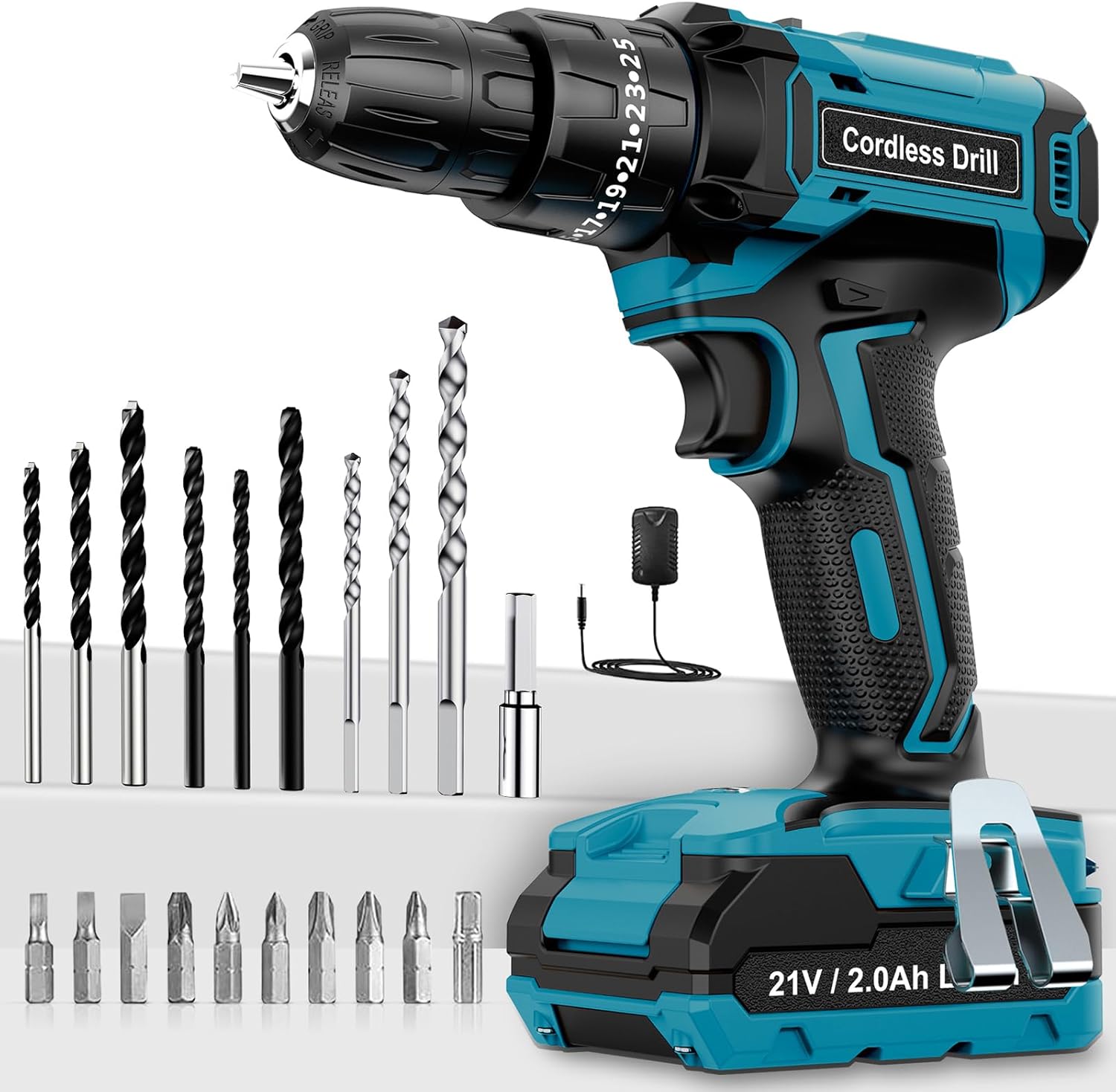 MHPRO Cordless Drill Driver 21V, Cordless Hammer Drill with Battery 2000mAh, 25+3 Torque, 42N.m Max ElectricDrill, 24PCS DrillBits, 2 Speed, LED Light for Home and Garden DIY Project