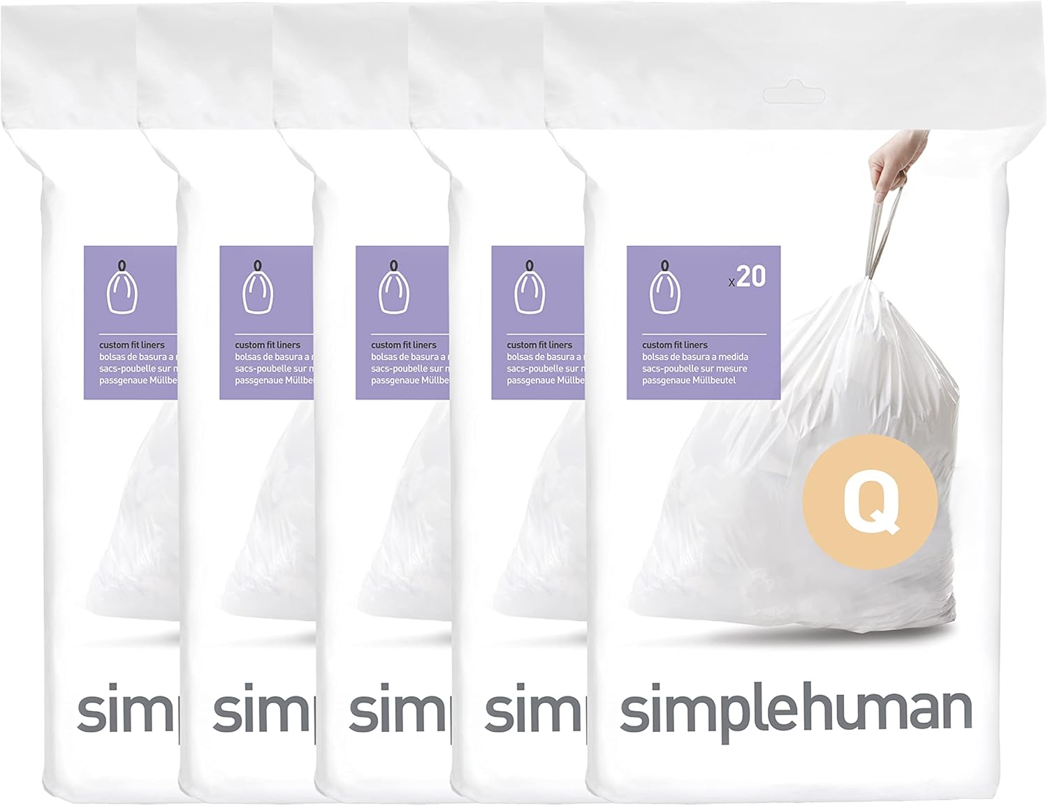 simplehuman Code Q 100 Count, Dispenser Pack Custom Fit Liners, Drawstring Trash Bags, 50-65 Liter / 13-17 Gallon, White