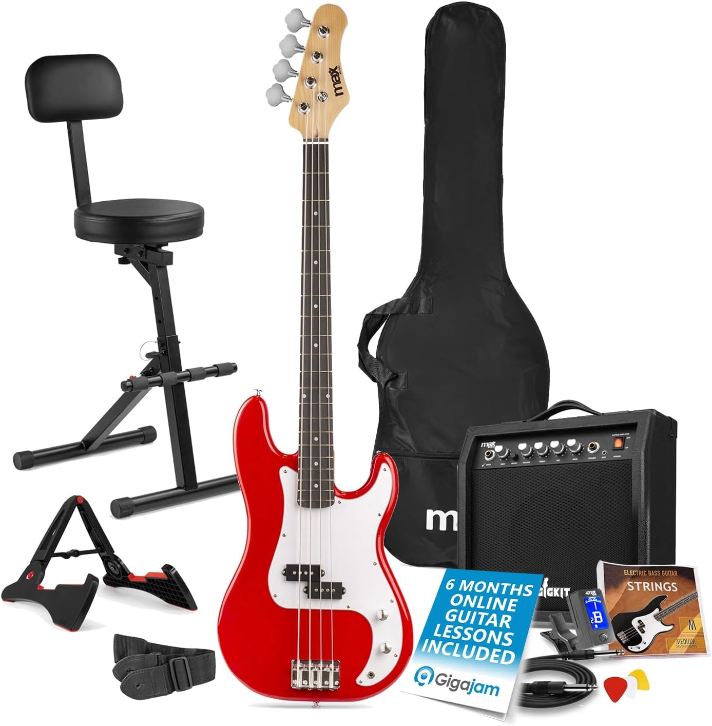 Max GigKit Beginner Electric Bass Guitar Full Bundle - Red, 40W Amplifier, Folding Musician Stool, Lessons & Complete Accessories Starter Pack
