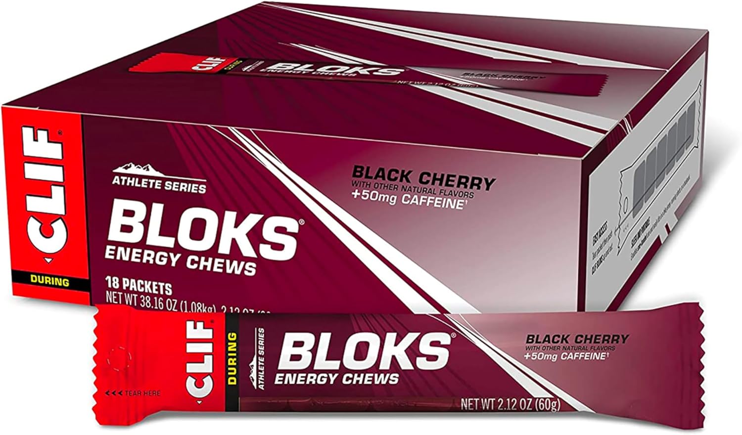 CLIF BLOKS - Black Cherry Flavor with Caffeine - Energy Chews - Non-GMO - Plant Based - Fast Fuel for Cycling and Running - Quick Carbohydrates and Electrolytes - 2.12 oz. (18 Count)