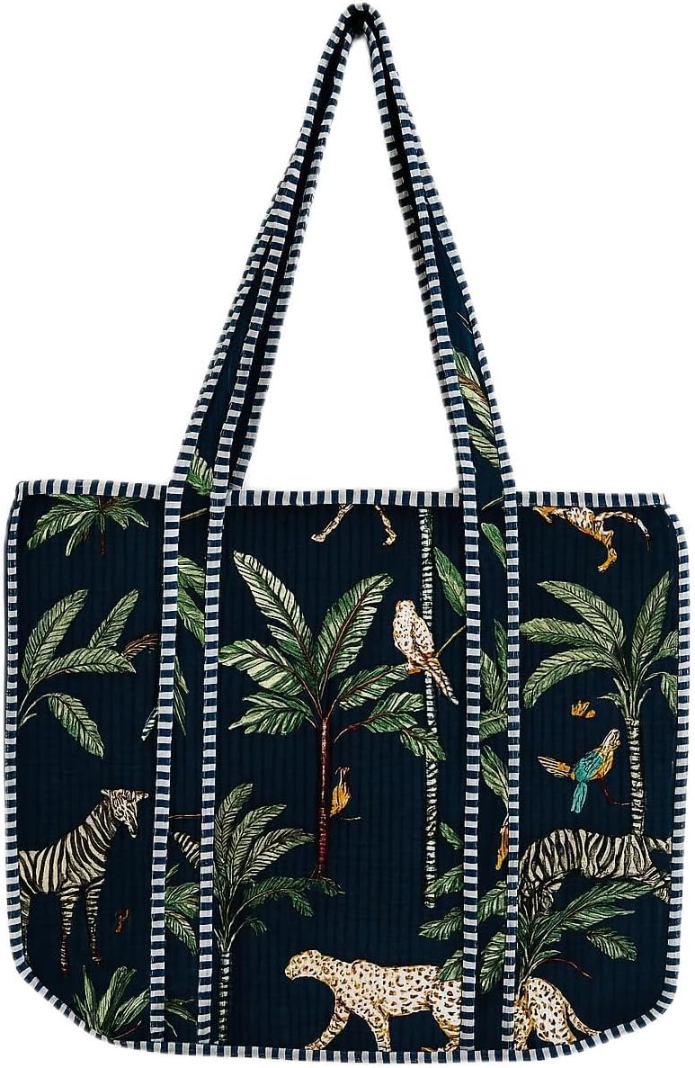 Handmade Quilted Tote Bag-Navy Blue Jungle Print, Cotton Shoulder Bag with Striped Handles,Boho Travel & Shopping Bag