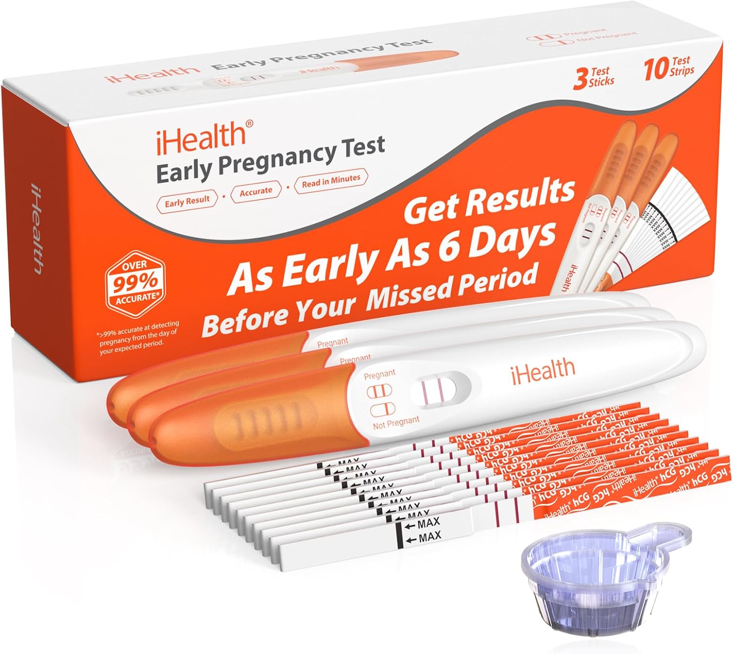 Pregnancy Test Strips Kit with Cup, iHealth Early Detection High-Sensitivity HCG Tests Detect 6 Days Sooner, Over 99% Accurate, Individually Wrapped, Includes 3 Sticks + 10 Strips, Pruebas de Embarazo