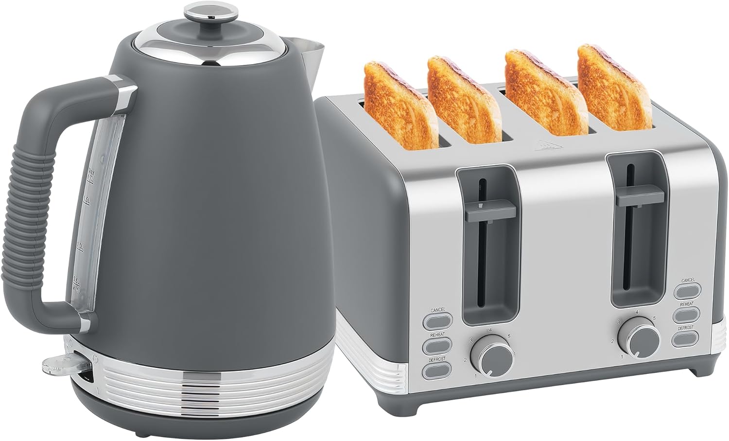 HOMCOM Stainless Steel Kettle and Toaster Set, 1.7L 3000W Rapid Boil Jug Kettle with UK Strix Thermostat, Limescale Filter, 4 Slice Toaster with 7 Browning Controls, Crumb Tray, Grey and Silver Tone