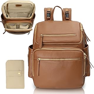 Diaper Bag Backpack Large Baby Diaper Bag Leather with 17 Diaper Bag Organizing Pouches,Changing Pad,Stroller Straps,4 Insulated Pockets,Brown