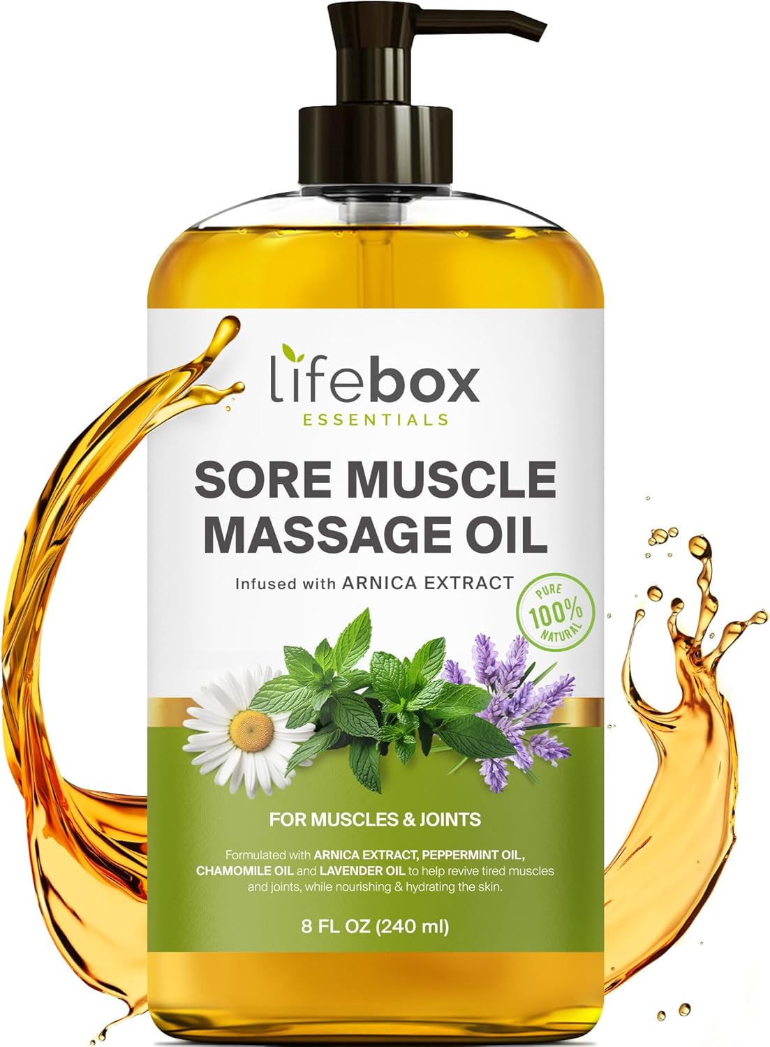Arnica Sore Muscle Massage Oil – 100% Pure & Natural - Massage Therapy for Muscles & Joints – Body Oil Infused with Arnica Extract, Lavender Oil, Peppermint Oil & Chamomile Oil – 8 FL OZ