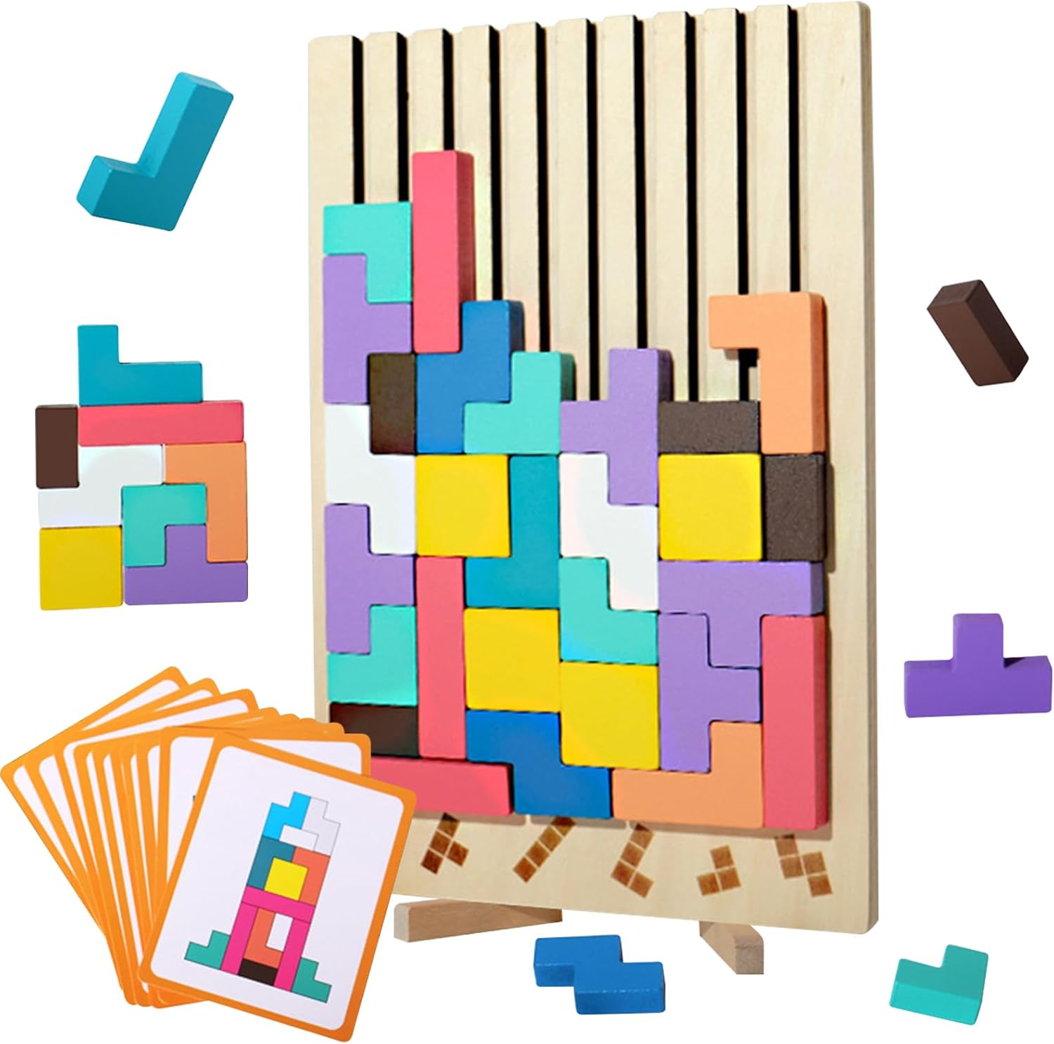 UptVin Wooden Stacking Puzzle Toy, 3D Montessori Wooden Stacking Puzzles Toy Tetris Game, 3D Russian Blocks Game with 10 Cards, Colorful Tetris Game for Adults and Kids