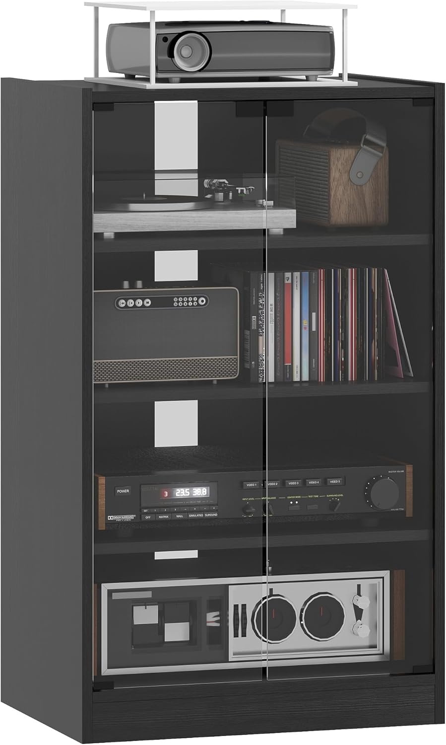 HOMCOM Media Cabinet, 4-Tier Stereo Cabinet, Record Player Stand with Vinyl Record Storage, Adjustable Shelves, Tempered Glass Doors and Cable Management, Distressed Black