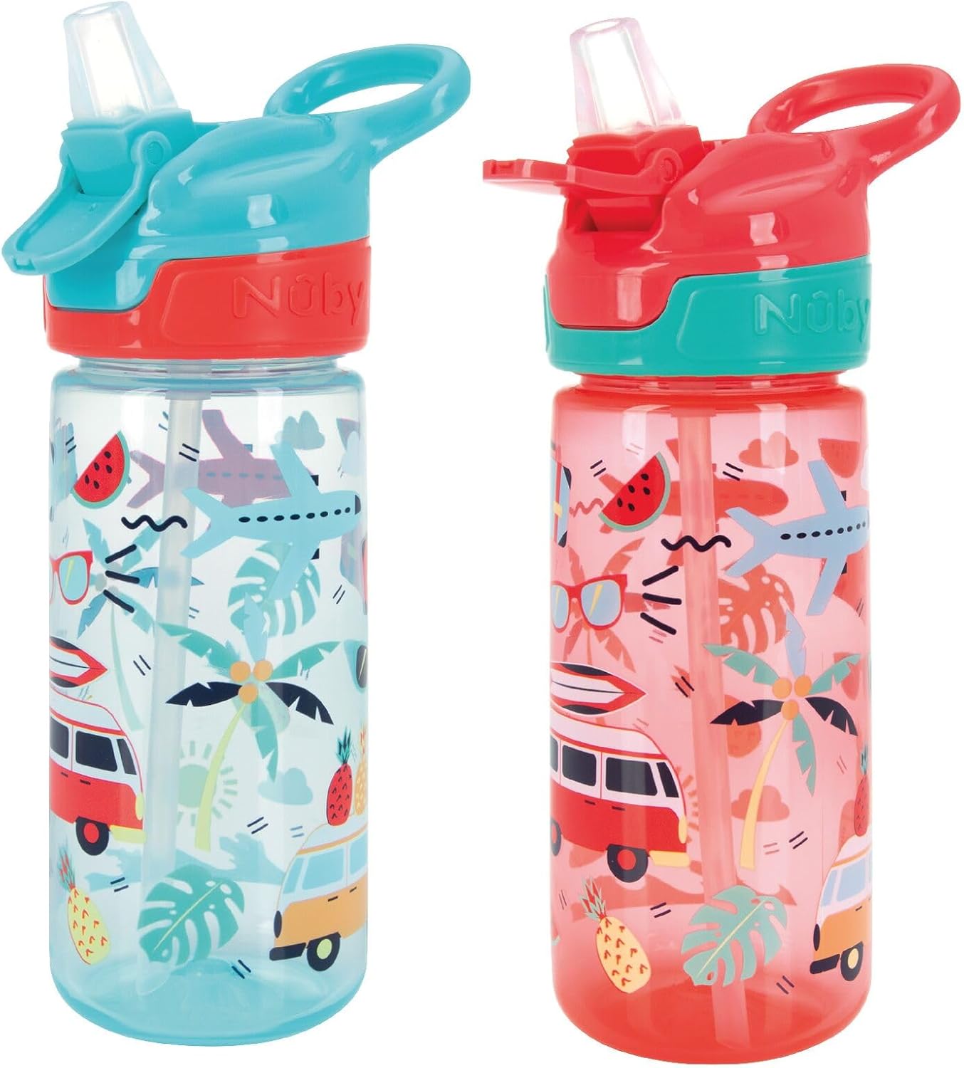 Nuby Super Quench Water Bottle-No Spill Active Toddler Sippy Cup|540ml/19oz |Carry Handle|Freeflow|Dishwasher, Steriliser Safe|Suitable Beaker for 18 Months Plus (Tropical, Pack of 2)