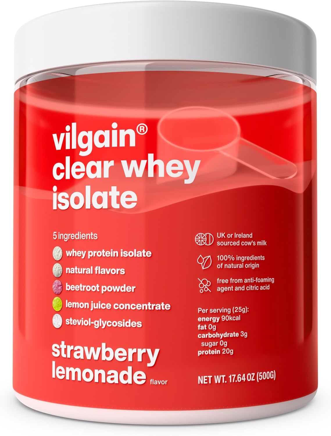 Vilgain Clear Whey Isolate, Fresh Fruity Protein Flavour, Sweetened with Stevia, Over 85% Protein, Natural Ingredients, No Artificial Flavours and Dyes (500 g, Strawberry Lemonade)