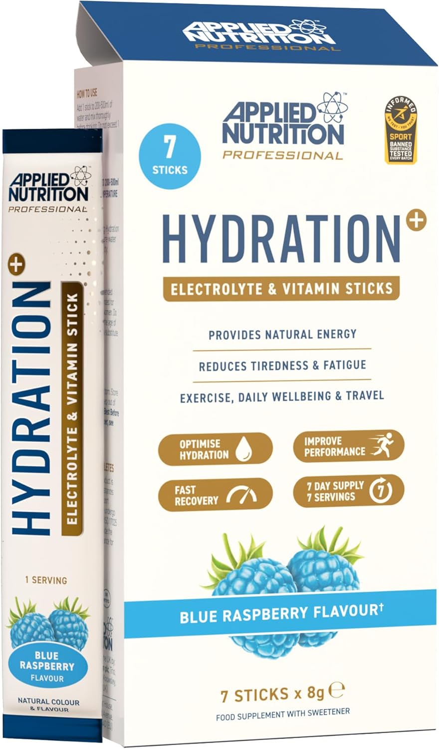 Applied Nutrition Hydration+ Sachets | Electrolyte Powder Mix | Rapid Hydration, Vitamins & Energy | Sugar-Free & Vegan | Blue Raspberry | 7 x 8g Sticks