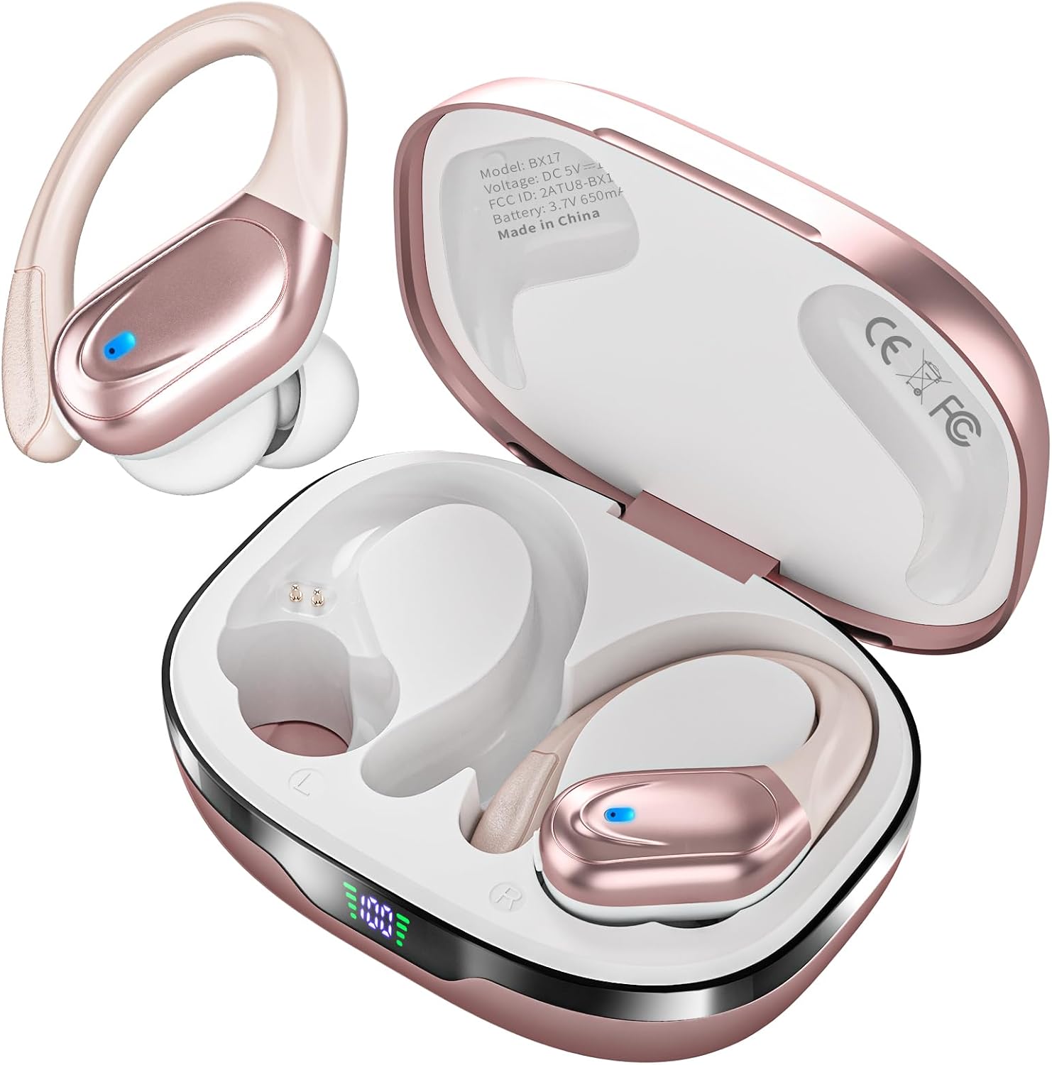 Wireless Earbuds, Sports Bluetooth Headphones, 80Hrs Playtime Ear Buds with LED Power Display, Noise Canceling Headset, IPX7 Waterproof Earphones for Workout/Running Rose Gold