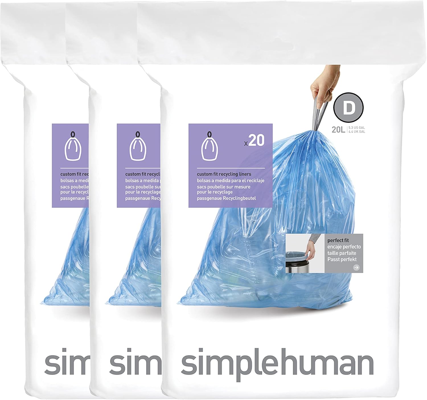 simplehuman Code D 60 Count, Genuine Custom Fit Liners, Drawstring Trash Bags in Dispenser Packs, 20 Liter / 5.3 Gallon, Blue