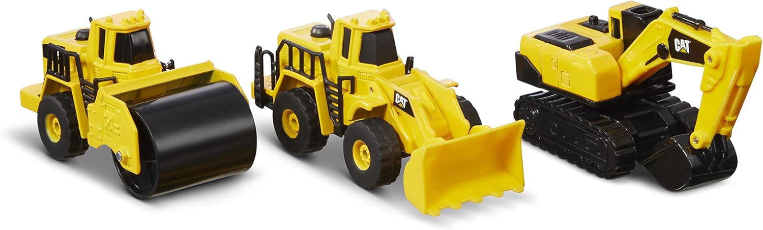 Cat Construction Die-Cast Metal Vehicles 3-Pack - Steam Roller, Excavator & Wheel Loader Mini Trucks with Moving Parts, Push Powered for Kids Ages 3+, Heavy Duty Sandbox Play
