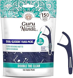 GuruNanda Dual Slickers Floss Picks - Double Threaded Dyneema Dental Floss with Foldable Toothpick for Effective Plaque Removal - Unflavored- 150 Ct