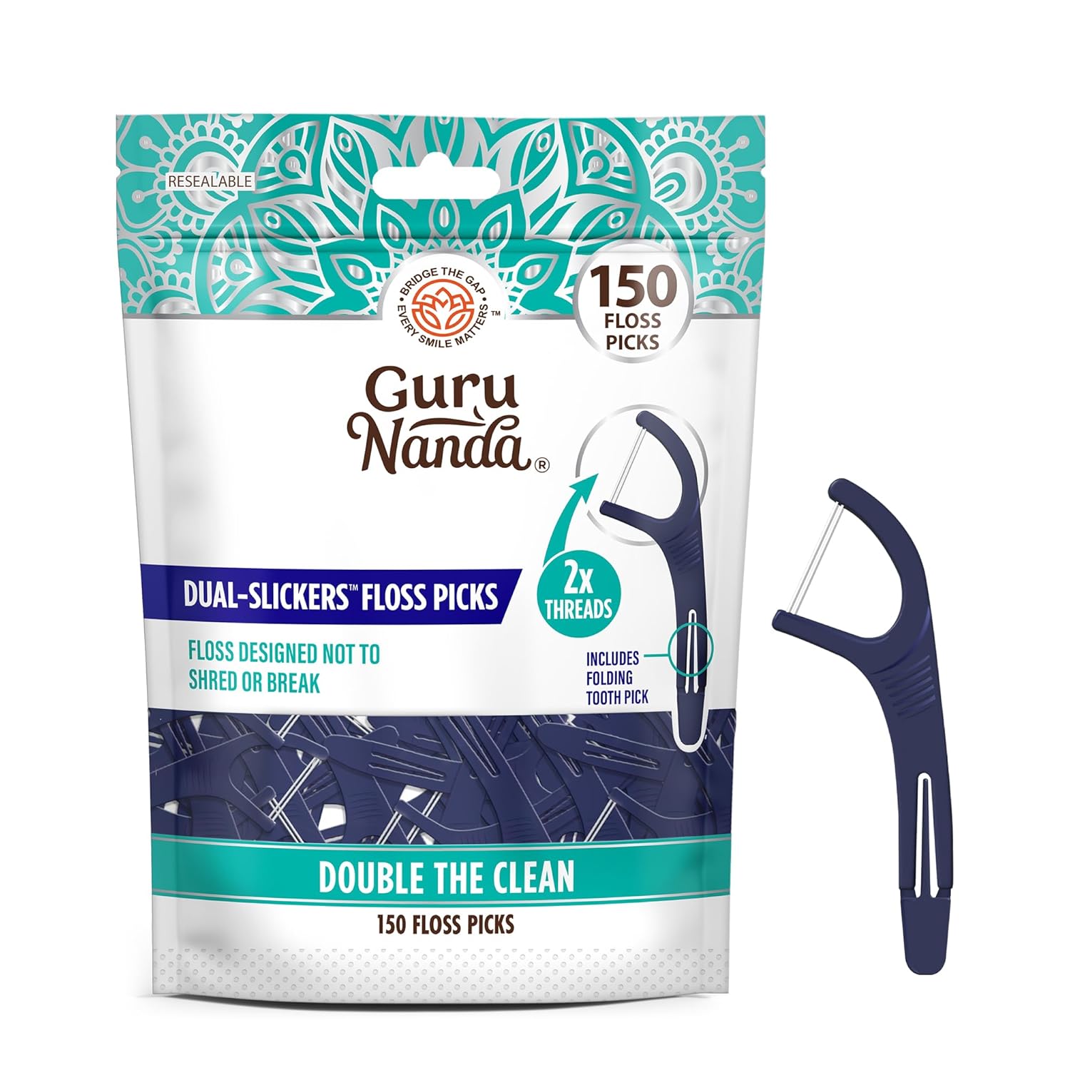 GuruNanda Dual Slickers Floss Picks - Double Threaded Dyneema Dental Floss with Foldable Toothpick for Effective Plaque Removal - Unflavored- 150 Ct