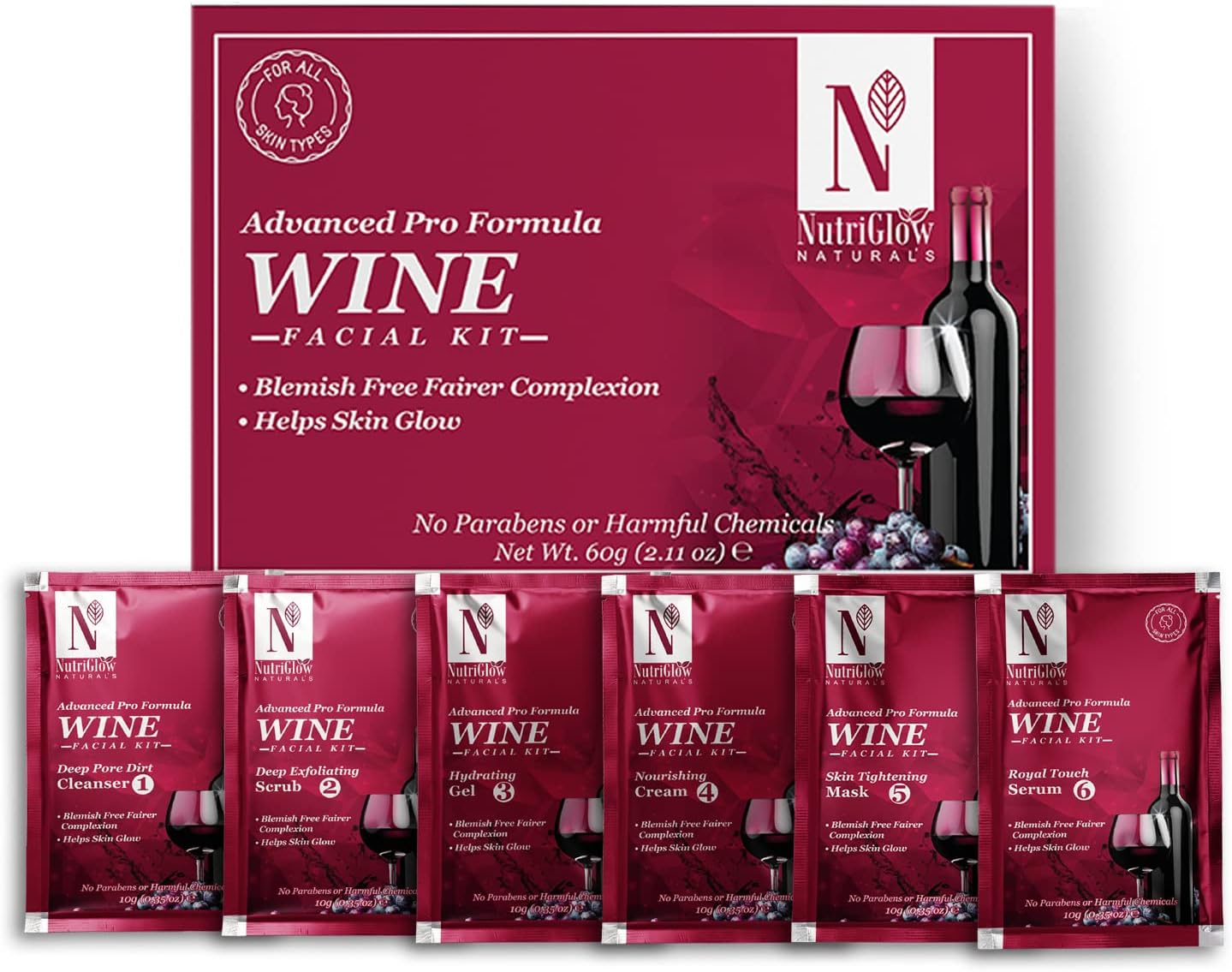 NUTRIGLOW NATURAL'S Advanced Pro Formula Wine Facial Kit For Glowing Skin, Blemish Free Fairer Complexion For All Skin Type, 2.11 Oz