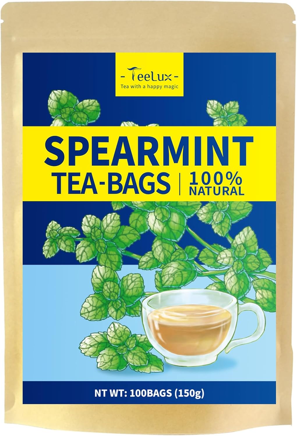 TeeLux Spearmint Tea Bags 100 Count, 100% Pure Spearmint Leaf, Refreshing, Caffeine Free, Natural Herbal Tea, Biodegradable Tea Bags