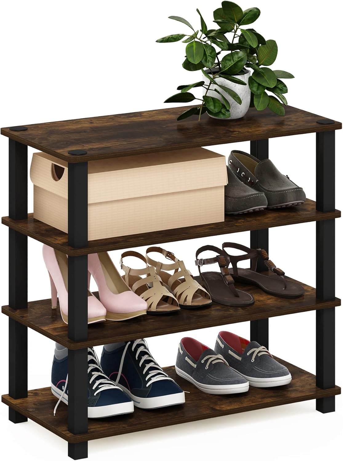 Furinno Turn-S-Tube 4-Tier Shoe Rack, Amber Pine/Black