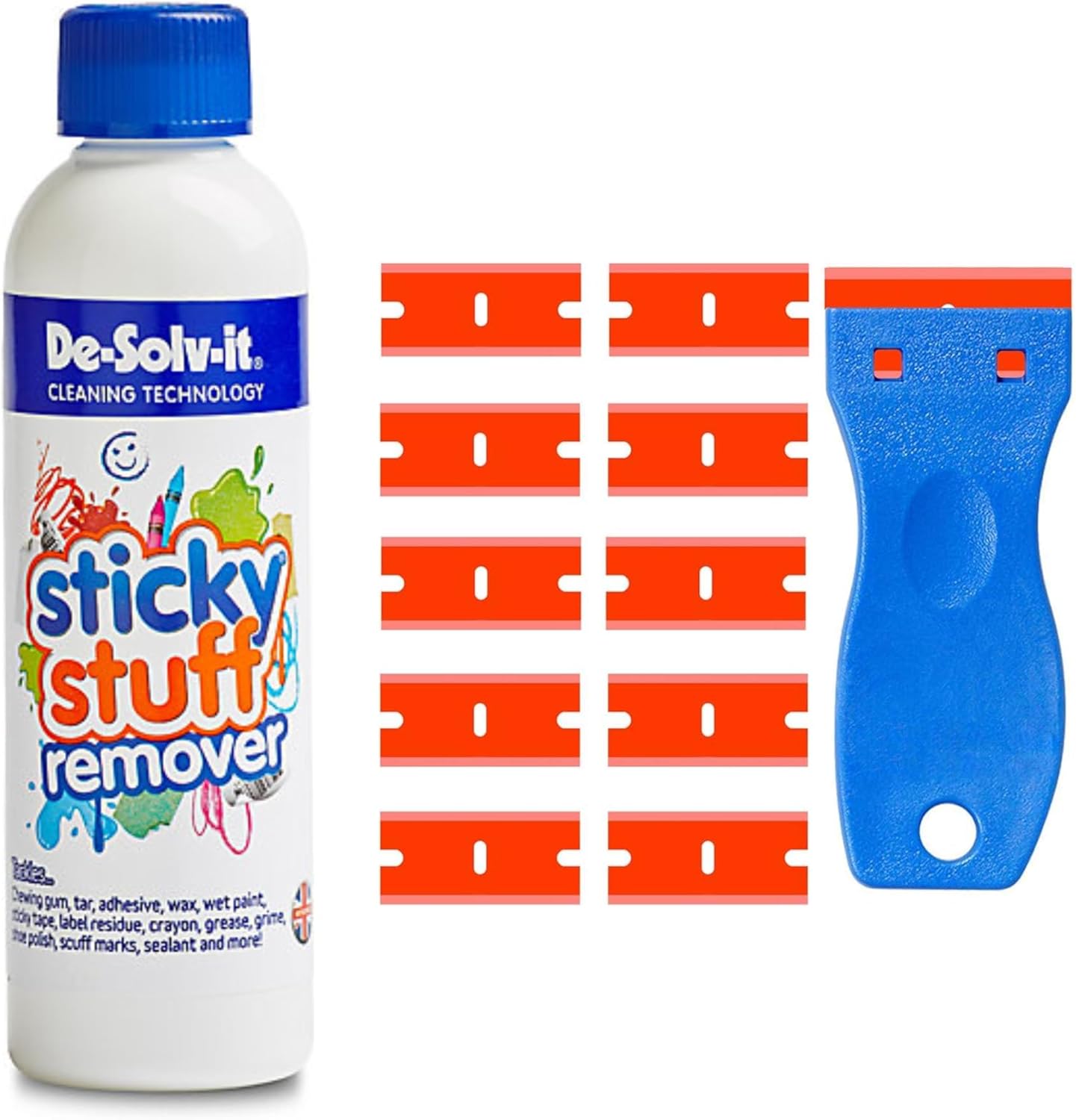 Sticky Stuff Remover 250ml and Scraper Tool Bundle with 10 Plastic blades work as an Adhesive Remover, Glue Remover, Sticker Remover and Glue Remover Solvent
