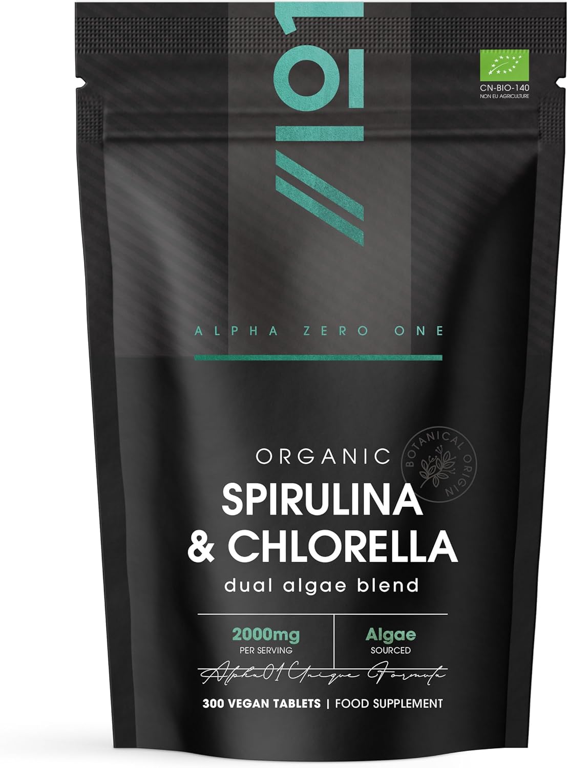 Organic Spirulina & Chlorella 2000mg - 300 Tablets - Broken Cell Wall - Cold Pressed Pure Supplement with No Additives (75 Day Supply) by Alpha01