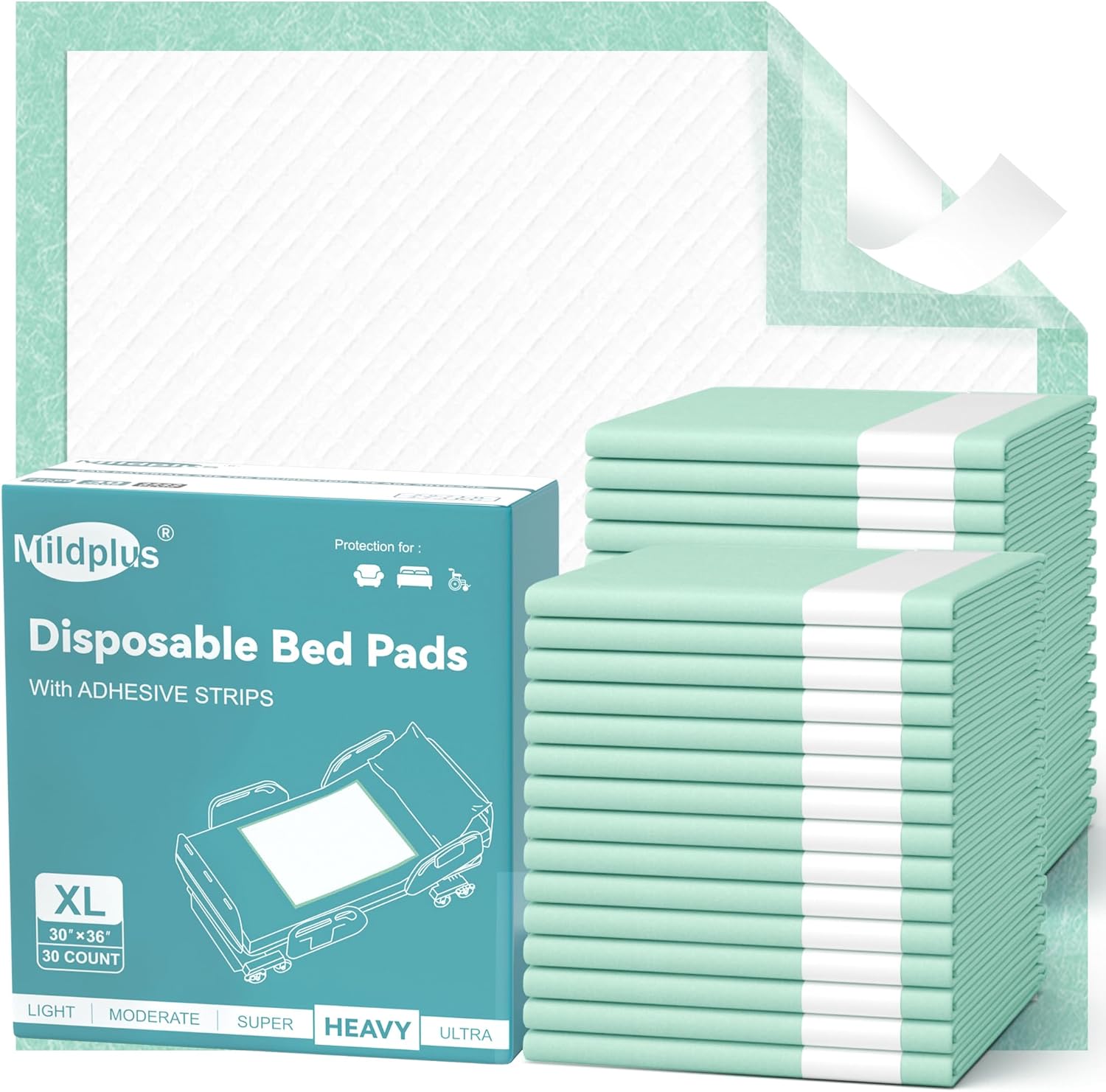 Bed Pads with Adhesive Strips 30'' X 36'' Disposable Underpads Extra Large Thicker Incontinence Pads for Unisex Adult, Senior, Kids and Pet (30 Count)