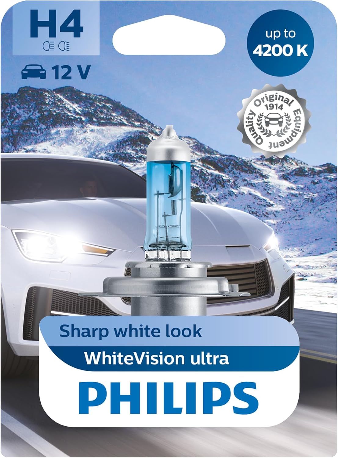 Philips 12342WVUB1 WhiteVision Ultra Xenon Effect H4 Headlight Bulb, 4.200K, Single Blister
