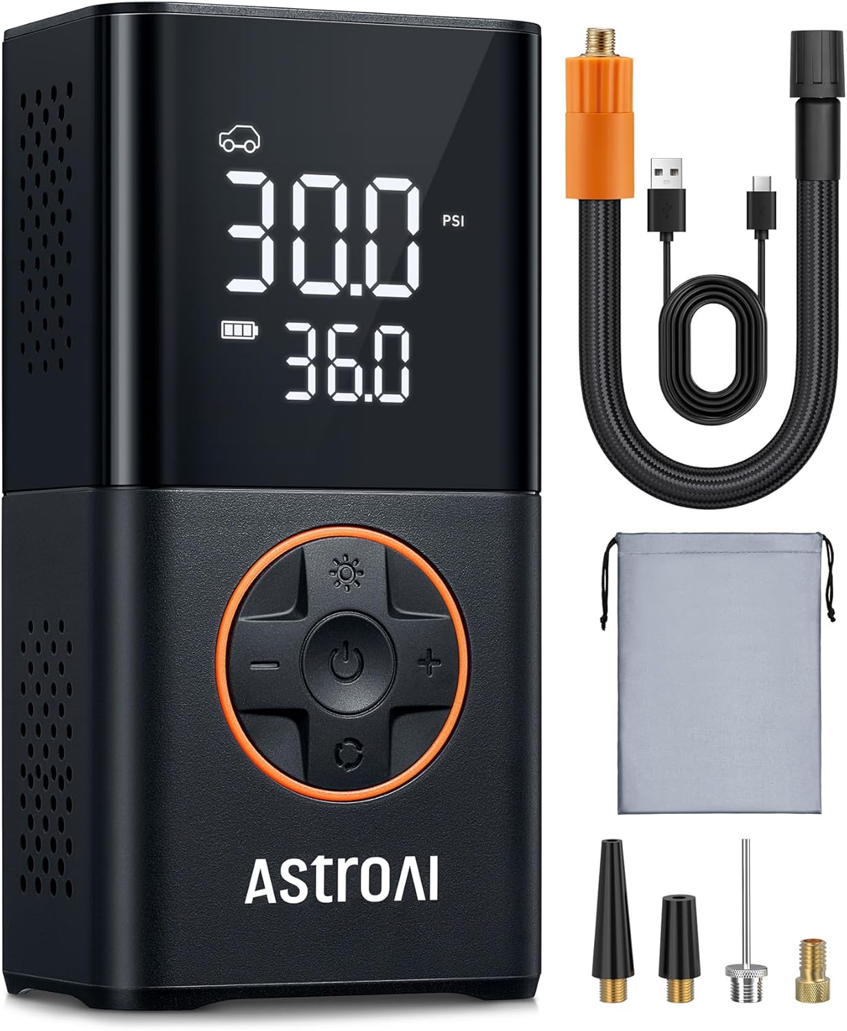 AstroAI Car Tyre Inflator Air Compressor, Portable USB Rechargeable Electric Bike Pump 150 PSI, Tyre Pump with Pressure Gauge Digital Dual Values Display, for Car, Bike, Motorbike, Ball