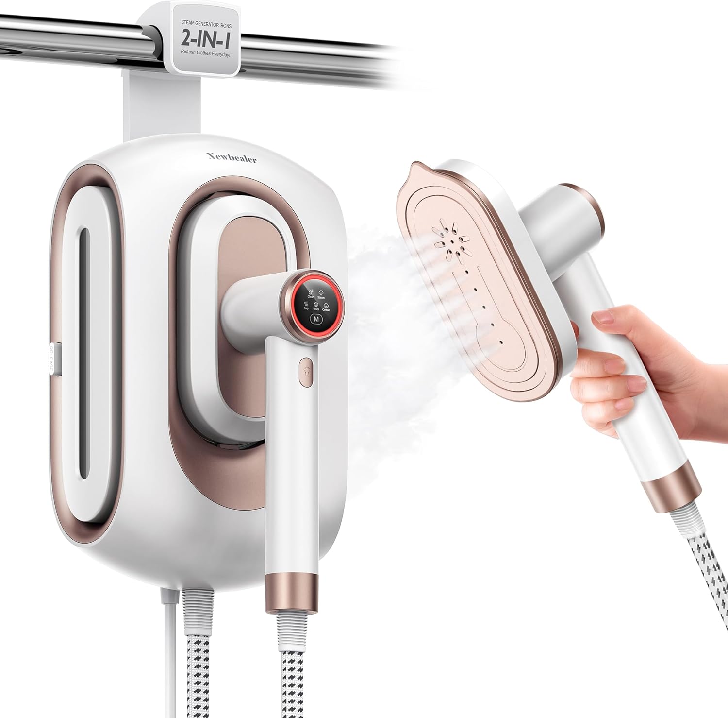 Newbealer Steam Generator Irons, 1600W Steam Iron for Clothes, 3 Steam Settings Clothes Steamer, 30s Fast Heating, 1.2L Removable Water Tank, Space-Saving Design with Wall Mounting