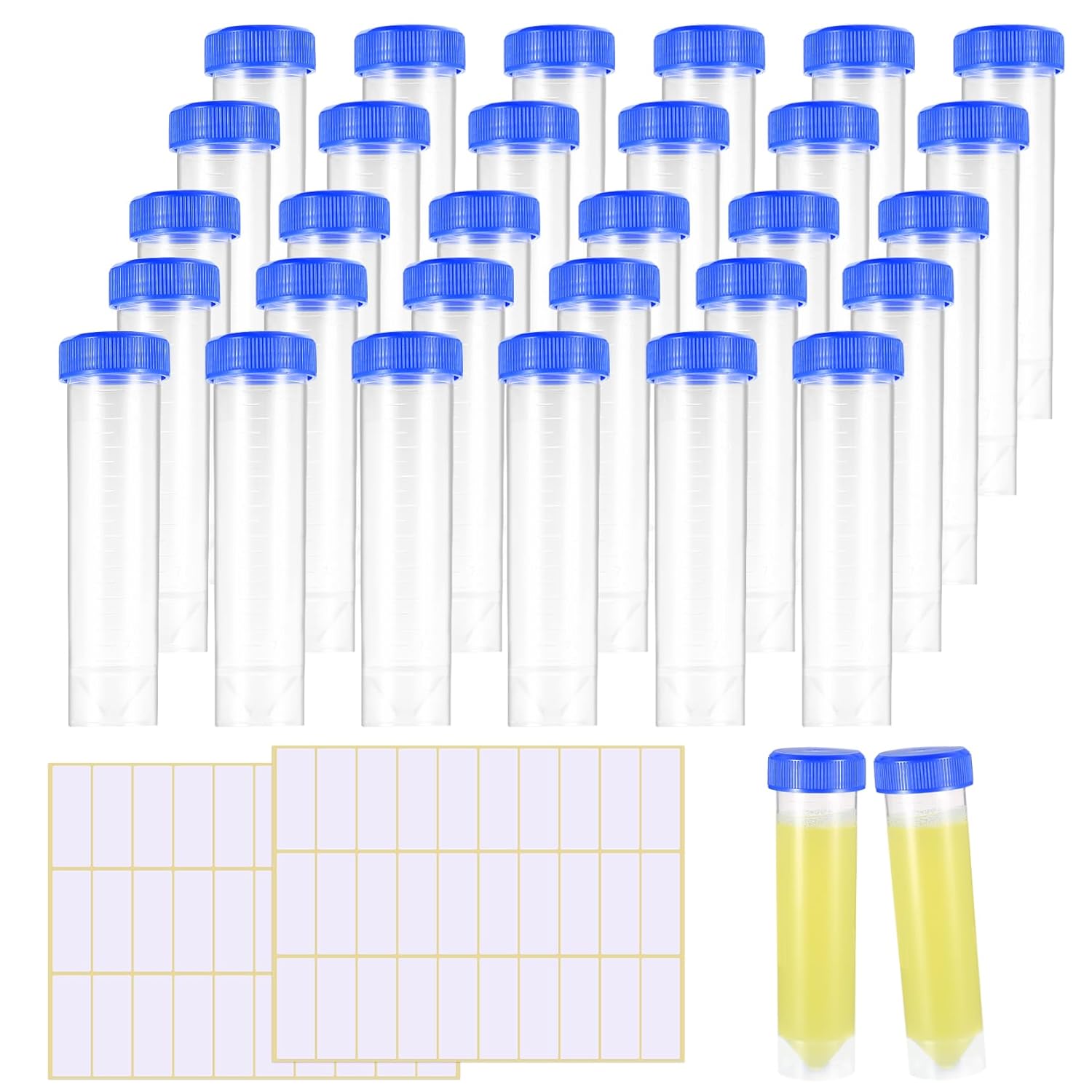 26 Pcs 50ml Plastic Test Tubes with Lids, Sample Bottles Sample Vials Containers, Test Vials Shot Tubes with Screw Caps Lid for Lab DIY Crafts Liquids, with 1 Sheet Sticker