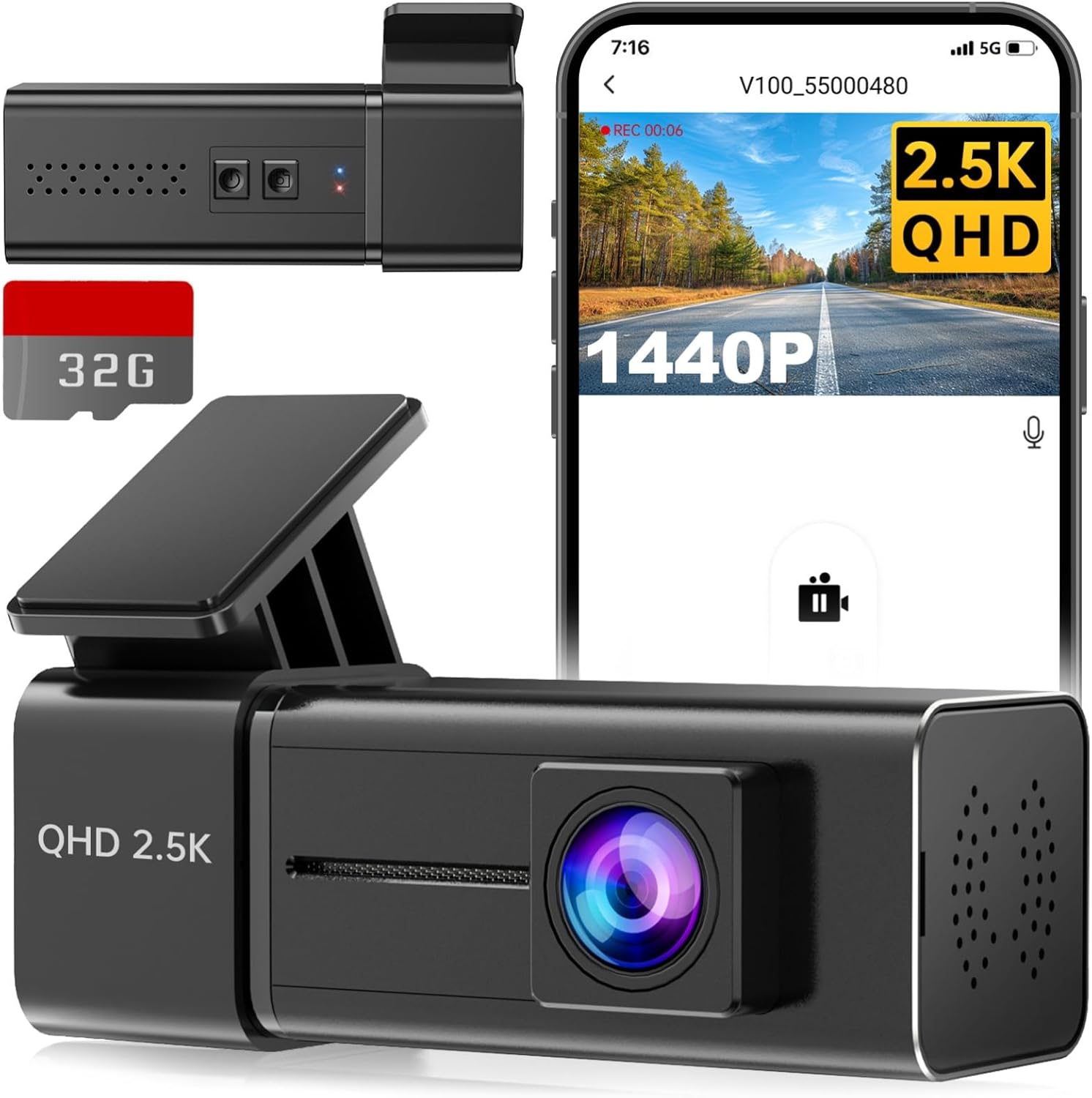 Dash Cam Front WiFi 2.5K 1440P Car Camera, Mini Dash Camera for Cars, Dashcams with App, Night Vision, 24H Parking Mode, G-Sensor, Loop Recording, 32G Card, Support 256GB Max