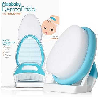 Frida Baby The 3-Step Cradle Cap System, DermaFrida The FlakeFixer, Sponge, Brush, Comb and Storage Stand for Babies with Cradle Cap, White-Blue