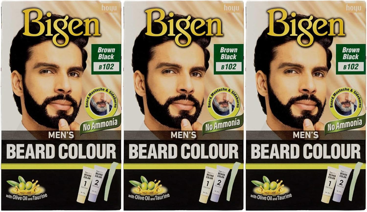 3 x Bigen Men's Beard Colour | No Ammonia Formula with Aloe Extract & Olive Oil | Covers Gray Hair, Leaves No Stains, Long-Lasting Results | 102 Brown Black