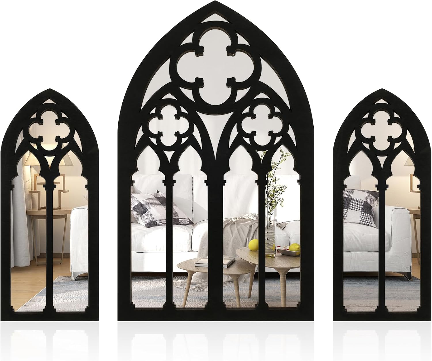 3Pcs Gothic Mirrors Wall Decor Arched Window Mirror Wall Mounted Goth Vintage Cathedral Window Mirror Sticker with Wood Framed Entry Mirror for Living Room Bedroom Decor