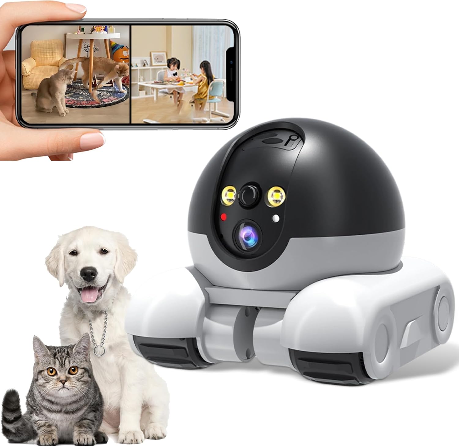 Vikye Robot Camera On Wheels,2MP Double Lens Moving Pet Camera,2 Way Talk 1080P WIFI Small Robot Camera On Wheels for Cats Dogs