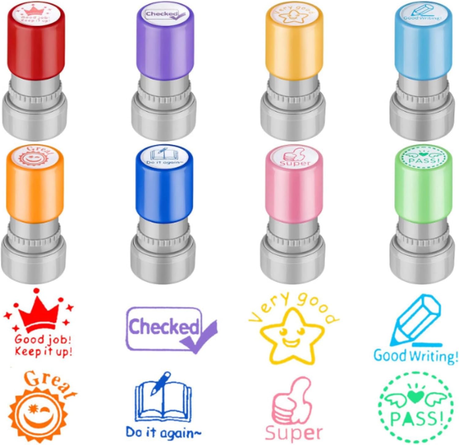 8PCS Teacher Reward Stamps - Photosensitive Self-Inking Stamps With Personalised Cartoon Characters - Gift for Students, Set C