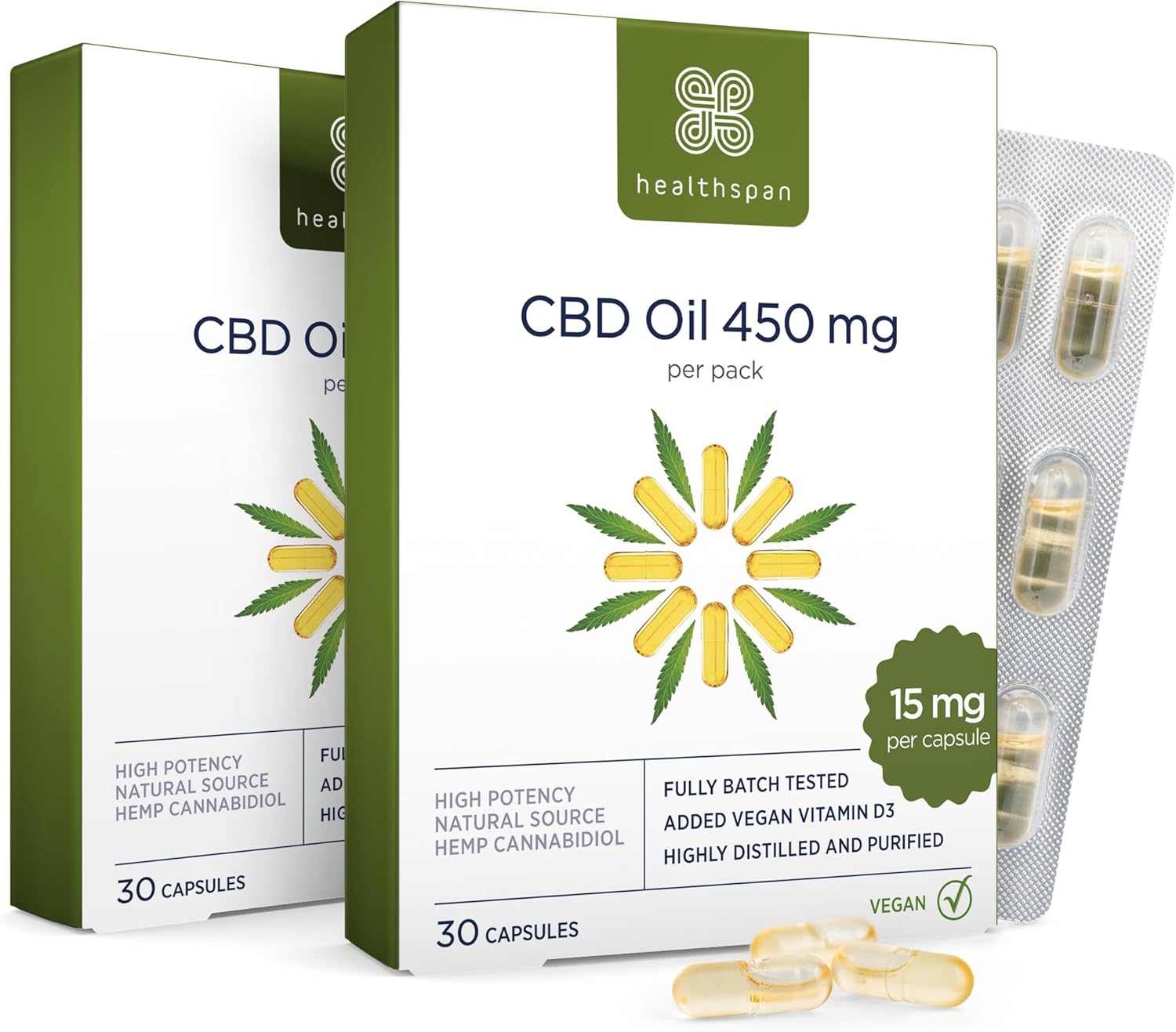 Healthspan 900mg (2 x Packs of 450mg) CBD Oil Capsules | 60 Capsules | Added Vitamin D3 | Vegan