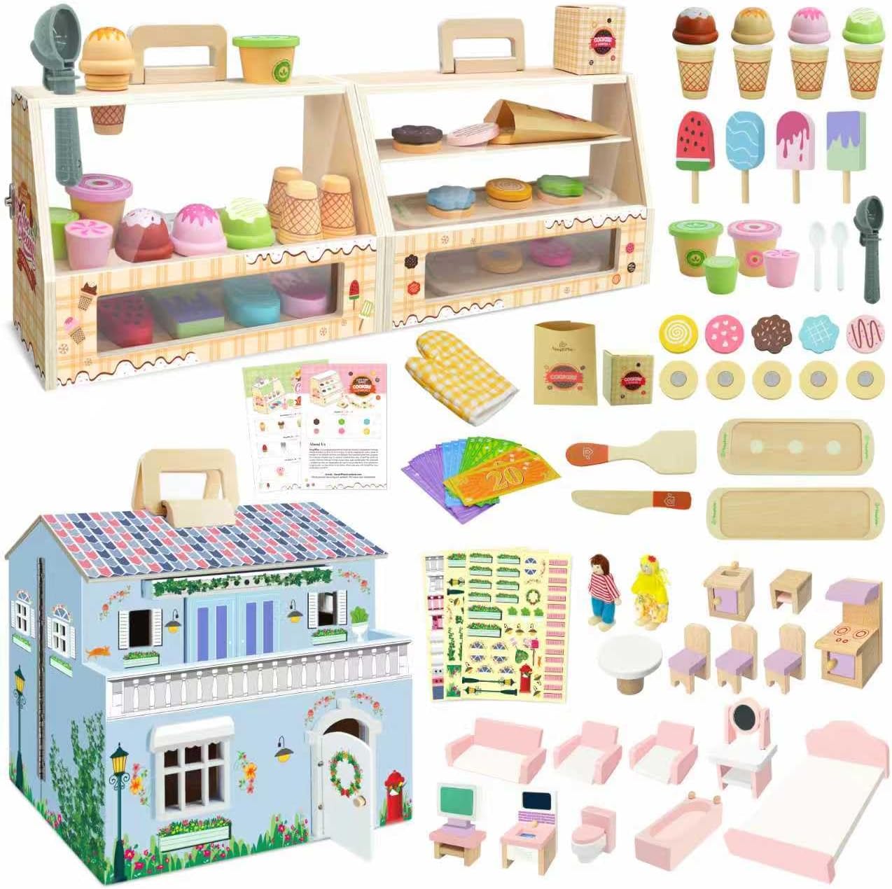 2 in 1 Portable Wooden Ice Cream Toy & Cookie Play Set (63pcs) & DIY Wooden Dollhouse with 3 Sticker Sheets