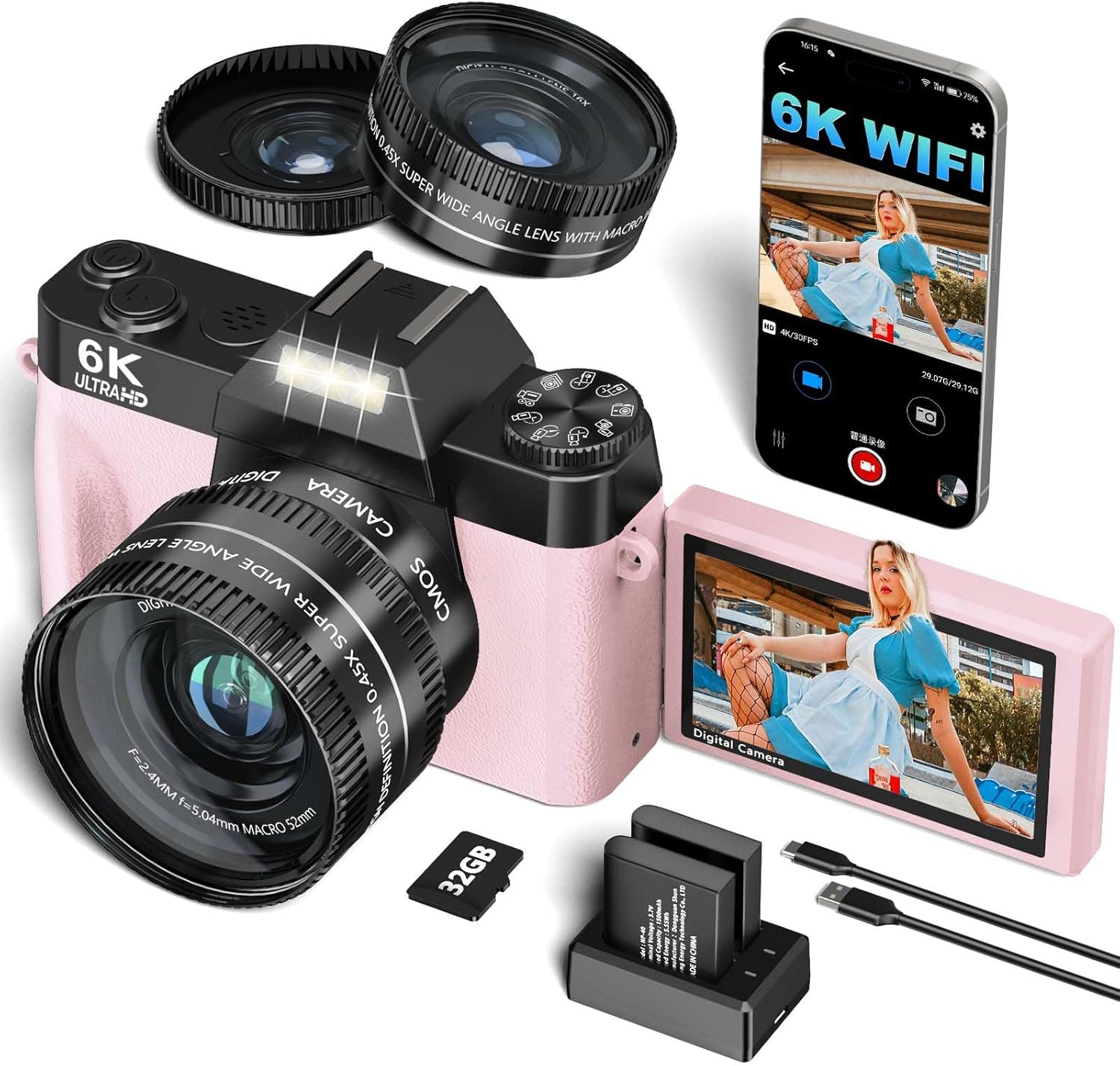 VJIANGER 2025 Upgrade 6K Digital Camera for Photography 64MP Vlogging Camera for YouTube with WiFi, 180°Flip Screen, 16X Digital Zoom, 52mm Lens, 32GB Micro SD Card, 2 Batteries(Pink)