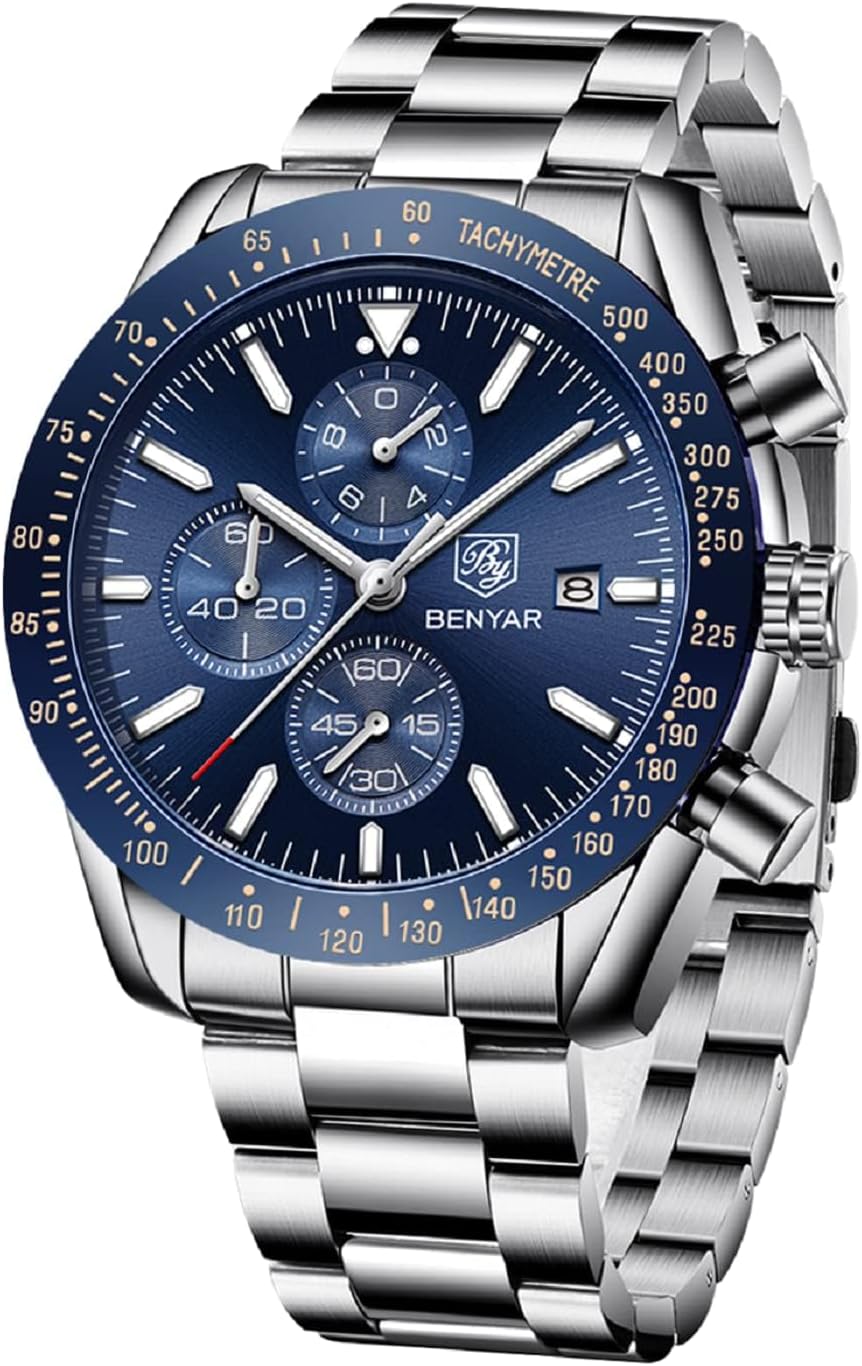 BENYAR Watch for Men Analog Quartz Chronograph Waterproof Luminous Designer Mens Wrist Watches Business Work Sport Casual Dress Watch with Silicone Strap Elegant Gifts for Men