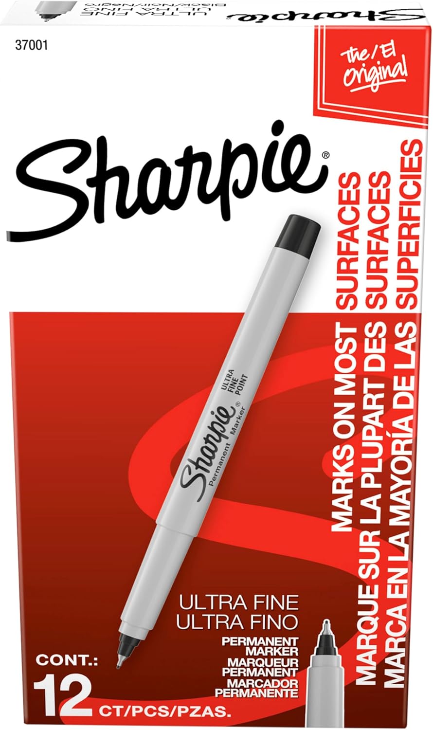 Sharpie Permanent Markers, Ultra Fine Tip, Black, 12 Count - For Classroom, Office, Home, Quick Drying, Fade Resistant, For Wood, Plastic, Paper, Metal, Ideal for Posters, Drawing, Coloring